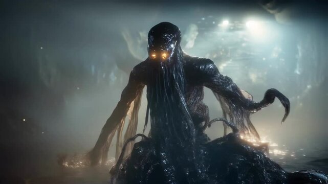 Glowing eyes illuminate the face of a terrifying sea monster as it emerges from the depths of a dark cave, its tentacles dripping with an unknown substance