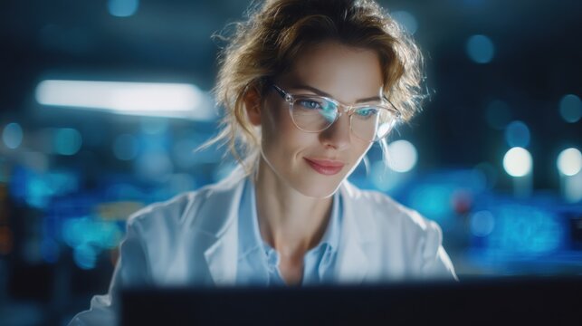 Female scientist using computer in data lab	
