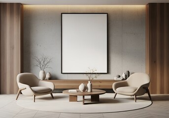 Elegant modern living room interior with blank poster frame and cozy furniture design
