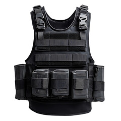 Tactical vest with magazine pouches, isolated on black background.