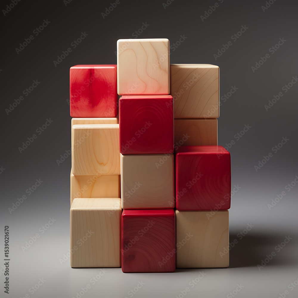 Poster geometric arrangement of wooden cubes, some painted in red, creating a visually appealing abstract m