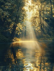 Obraz premium Sunlight streaming through tranquil forest onto reflective water surface, sunlight, beams, forest, calm water