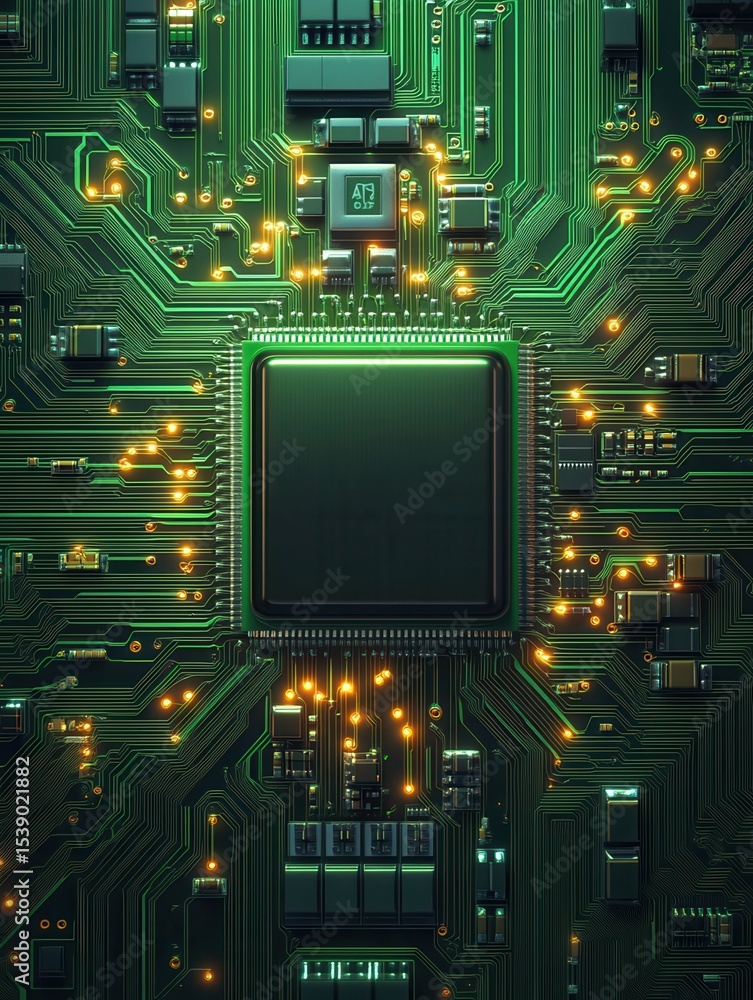 Poster chrome computer chip with ai engraving on green circuit board with glowing patterns