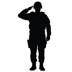 Silhouette of a Military Soldier Saluting in Full Uniform, Black and White
