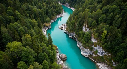 Turquoise River Carving Through Dense Forest, Aerial View of Natural Beauty