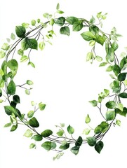 Fototapeta premium Beautifully crafted, greenery wreath, white background, natural arrangement, loose vines and leaves, free-form shape, modern style, vibrant greens