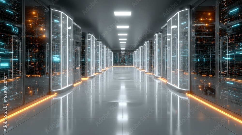 Poster a long hallway with many computer servers. the hallway is lit up with neon lights and the servers ar