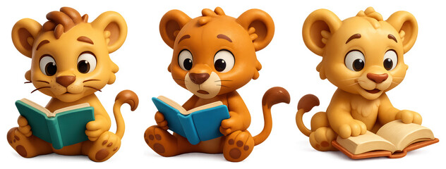 PNG Three cute lion cubs reading books together element set on transparent background.