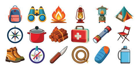 Camping gear icons set isolated on white background