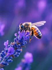 Fototapeta premium A bee sits on lavender flowers in close-up on a blurred purple background with space for text