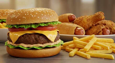 Close-up of home made tasty burger and hot dogs with fried chicken french fries