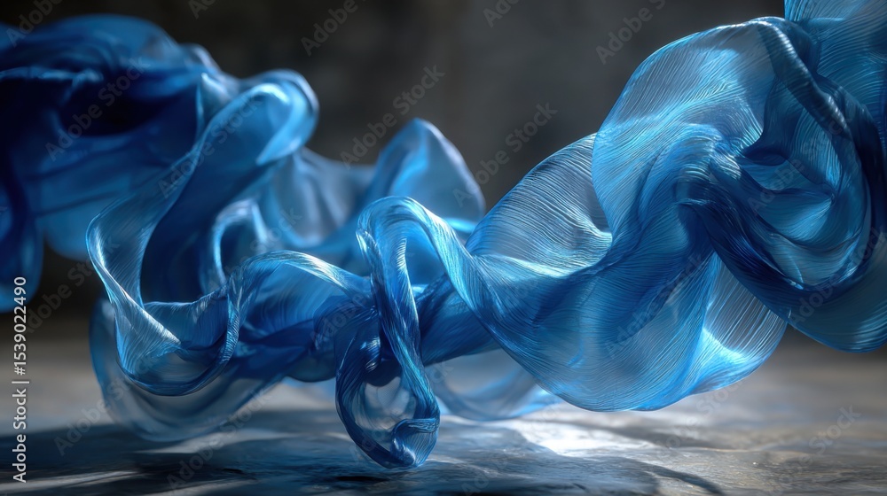 Poster a blue ribbon with a wavy pattern is displayed. the ribbon is made of a material that gives it a shi