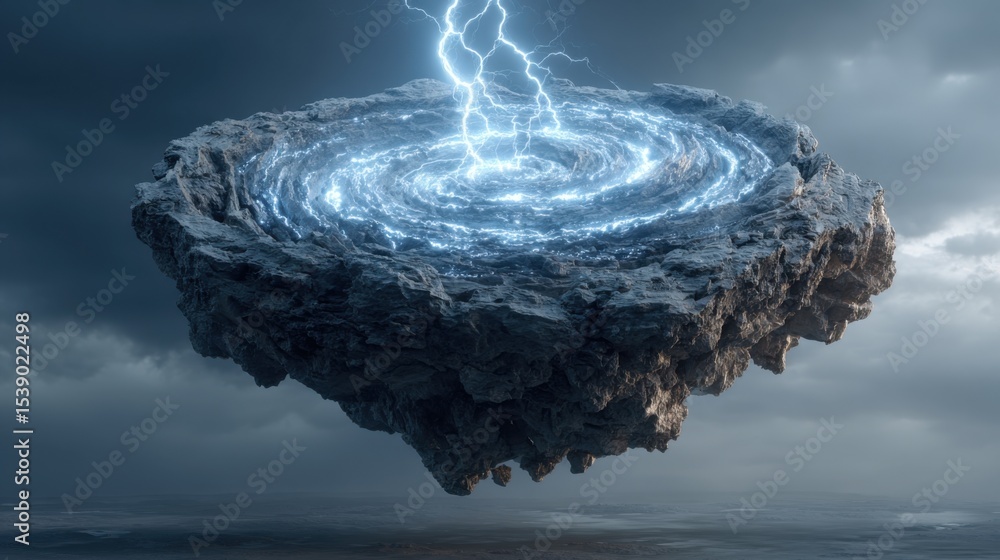 Aufkleber a large rock floating in the sky with a lightning bolt in the center. scene is mysterious and awe-in