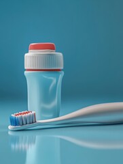 Close-up of a toothbrush with toothpaste on it, next to a dental floss container