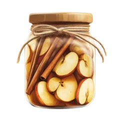 Jar of Sliced Apples with Cinnamon Sticks for Homemade Preserves and Fall Recipes on transparent background © MdAbulKalam