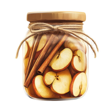 Jar of Sliced Apples with Cinnamon Sticks for Homemade Preserves and Fall Recipes on transparent background