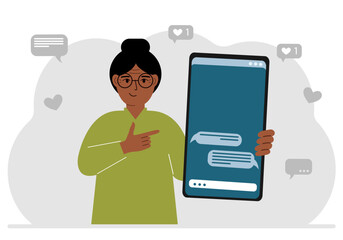 A woman holds a mobile phone with correspondence and SMS messages in his hand. Vector flat illustration.