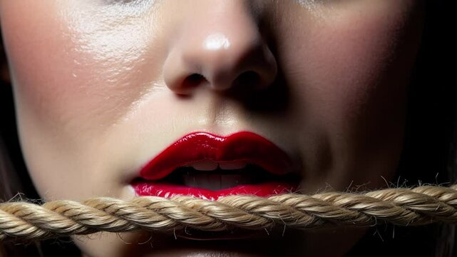 Close-up shows woman mouth bound with rope. Red lips contrast rope texture. Concept art addresses themes of censorship, constraint