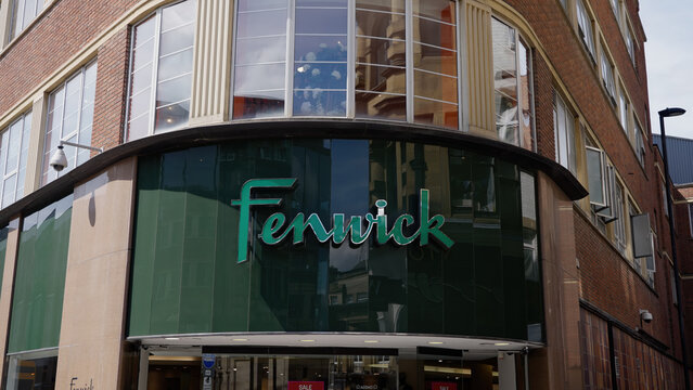NEWCASTLE, UK - JUNE 13, 2025 - Green Fenwick logo displayed on the facade of the Newcastle department store in the United Kingdom