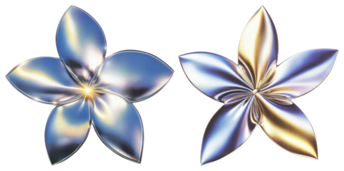 PNG Two metallic flowers with shiny blue and gold petals element set on transparent background.