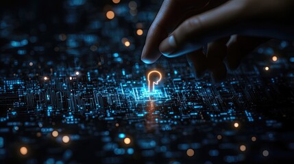 Digital security unlocked  a hand inserts a glowing key into a virtual lock, illuminating the concept of cybersecurity and data protection in an increasingly digital world.