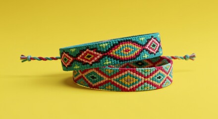 Vibrant Colorful Woven Bracelets on a Bright Yellow Background