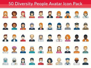 50 Diversity Professions and Cultures Icon Set – Inclusive People Avatars
