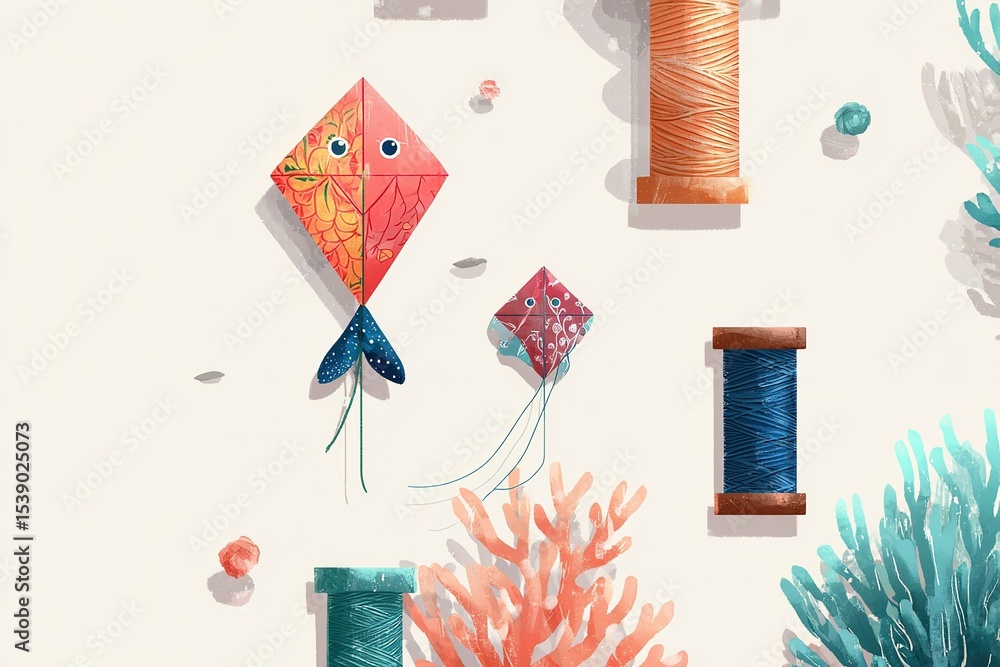 Aufkleber colorful kites made of paper and string with vibrant threads and coral accents on display in a brigh