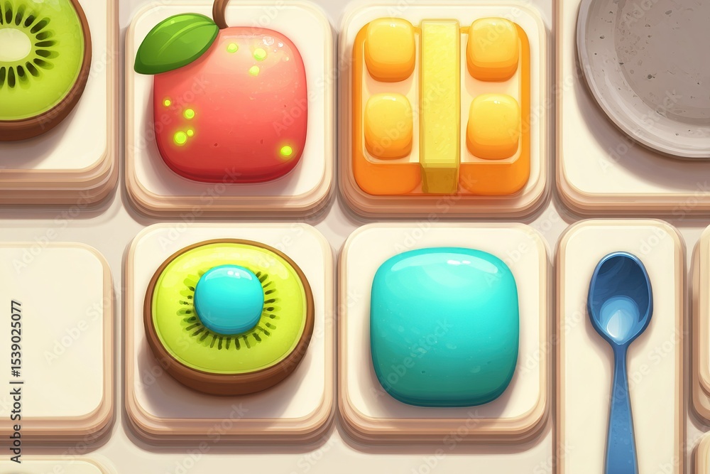 Poster colorful food-themed game tiles displayed on a bright background creating an engaging visual experie