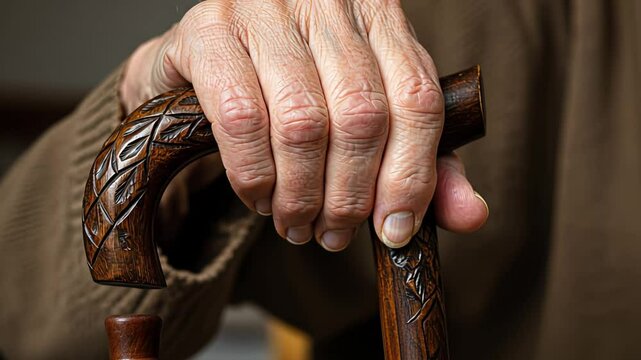 Elderly hands gripping carved wooden cane symbolizing strength and resilience