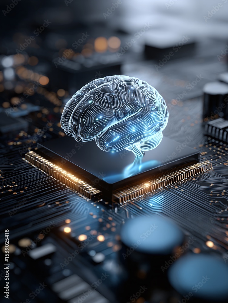 Aufkleber glowing brain icon on advanced microchip circuit board technology