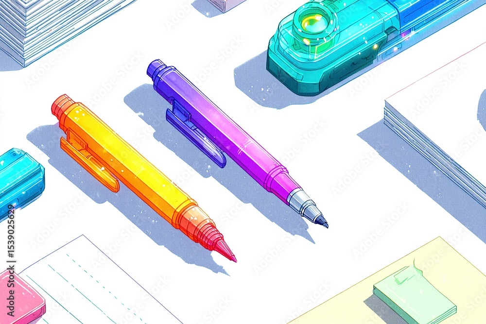 Poster colorful markers and stationery arranged neatly on a smooth surface in a creative workspace during d