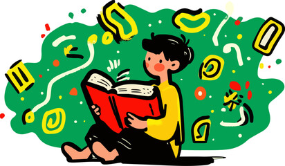Fototapeta premium Child engrossed in reading a book, surrounded by vibrant and imaginative abstract shapes, fostering creativity and learning