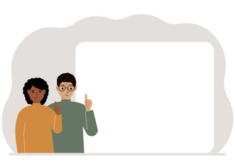Man and woman with thumbs up. Activists near the poster. Vector flat illustration.