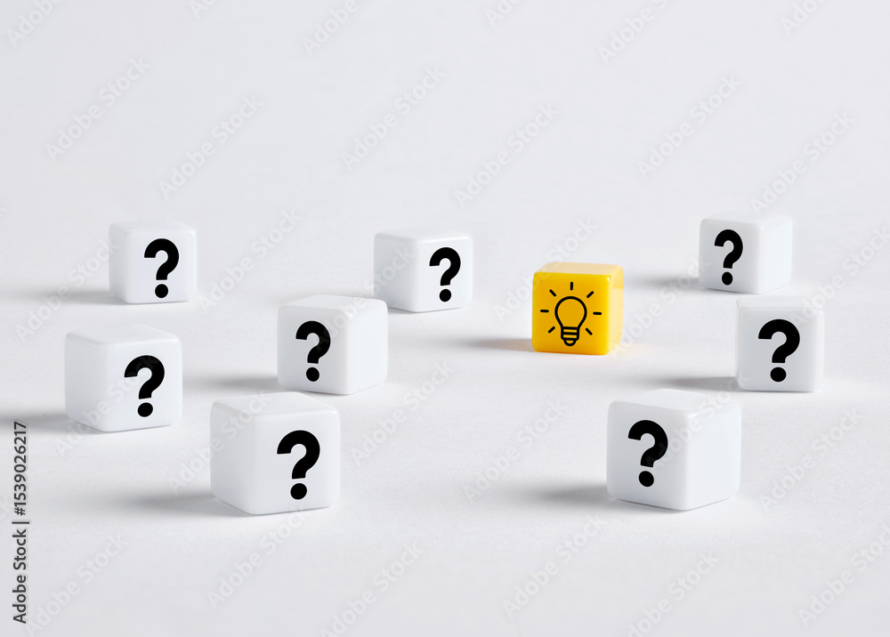 Poster single yellow dice standing out with light bulb symbol surrounded by question marks