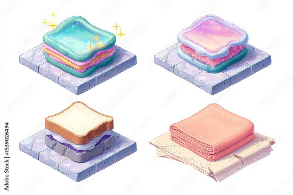 Poster colorful stacked blankets displayed on textured surfaces in a whimsical design