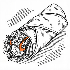 Hand-drawn wrap with lettuce and vegetables in black and white pencil style for healthy eating concepts

