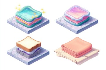 Colorful stacked blankets displayed on textured surfaces in a whimsical design