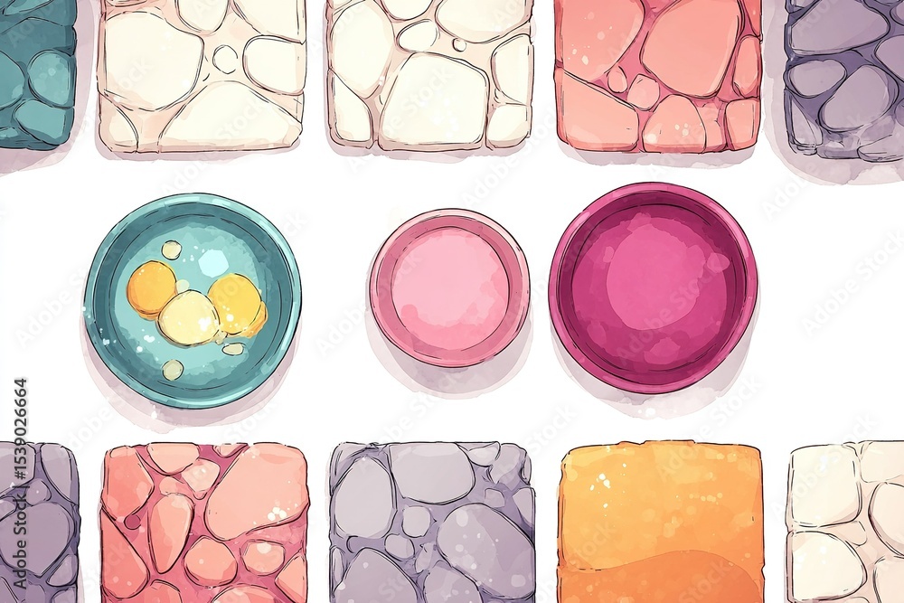 Poster colorful abstract circular bowls and stone patterns create a vibrant decorative composition on a sur