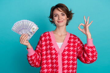 Photo of shiny adorable lady wear red cardigan showing okey sign holding money fan isolated...