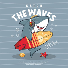 Cute Surfer Shark With Surfboard, Cartoon Illustration