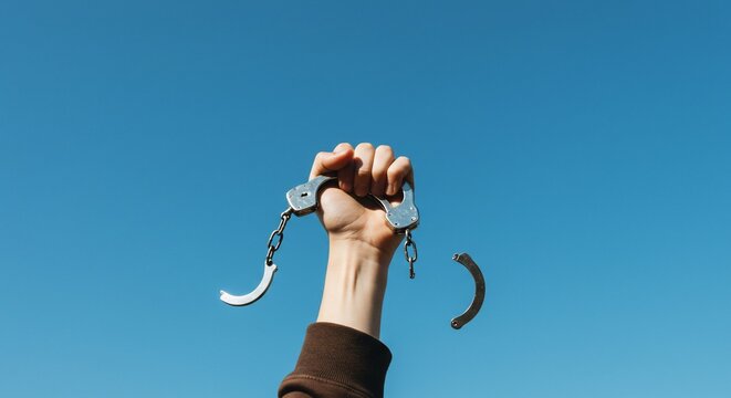 Hand Holding Open Handcuffs Against Vivid Blue Sky