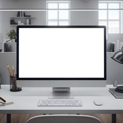 Fototapeta premium Computer monitor with blank screen on modern office desk