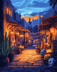 Vector illustration of a mysterious Mexican street at dusk with magical  skulls. Magical realism style.
