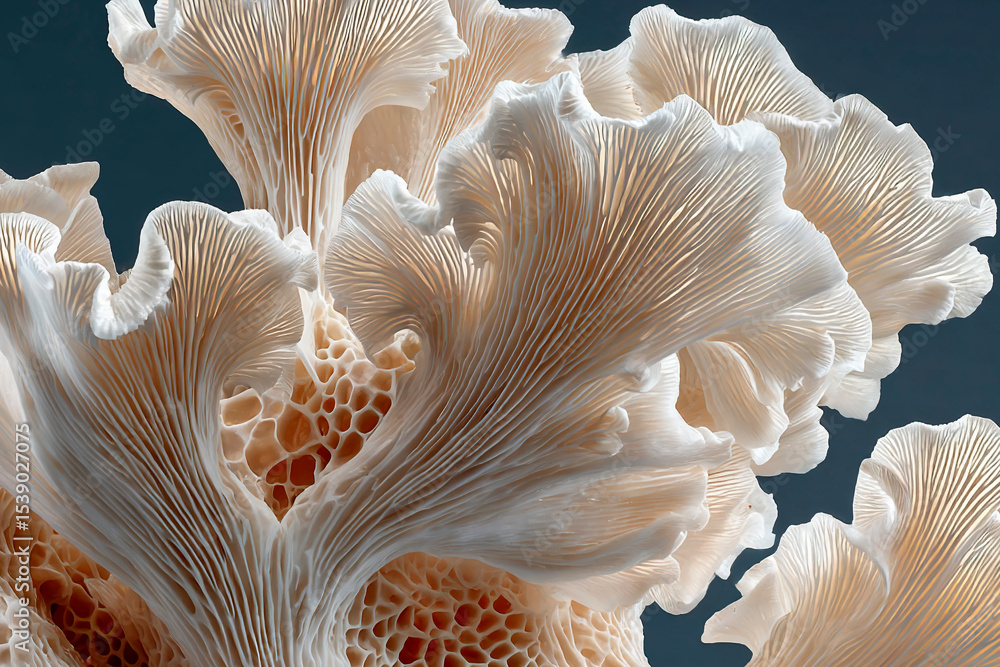 Poster elegant cream-colored mushroom gills in a macro view showing intricate folds, textures, and porous s