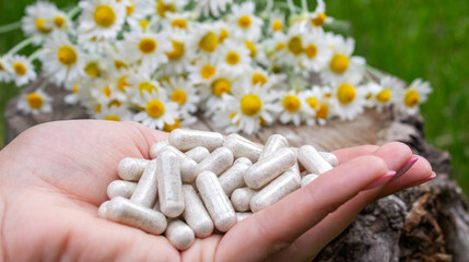 Herbal Chamomile Capsules in Hands with Flowers