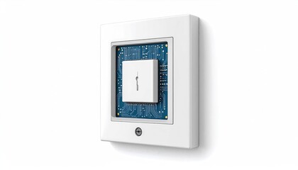 product prototype view. Smart light switch with a modern design, featuring visible circuit patterns and a clean white finish, ideal for contemporary interiors.