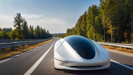 Fototapeta premium A sleek white futuristic car speeds down the highway, showcasing modern automotive design.