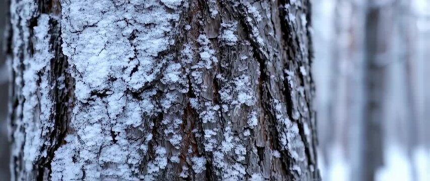 Close-Up of a Tree Trunk Covered in Snow and Ice in Winter Forest 4K