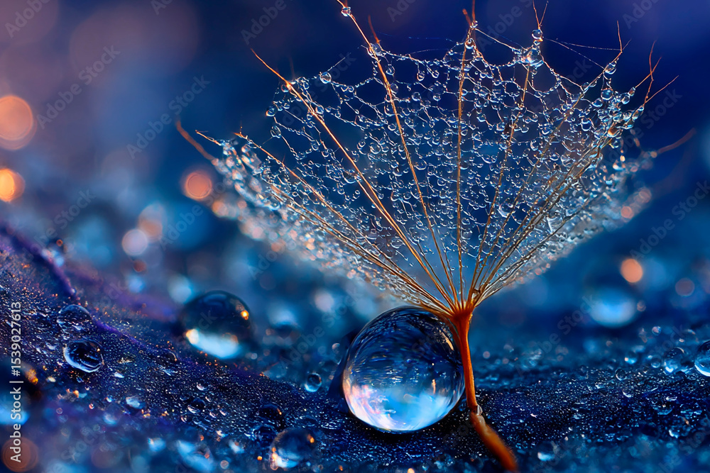 Poster close-up of a delicate dandelion seed covered in water droplets resting on a sparkling surface with 